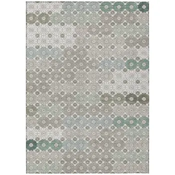 3' X 5' Taupe Teal Blue And Ivory Floral Washable Indoor Outdoor Area Rug