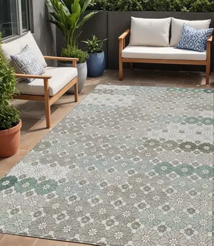 5' X 8' Taupe Teal Blue And Ivory Floral Washable Indoor Outdoor Area Rug