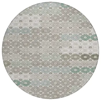 8' Taupe Teal Blue And Ivory Round Floral Washable Indoor Outdoor Area Rug