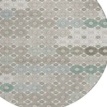 8' Taupe Teal Blue And Ivory Round Floral Washable Indoor Outdoor Area Rug