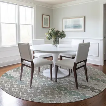8' Taupe Teal Blue And Ivory Round Floral Washable Indoor Outdoor Area Rug