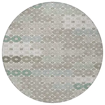 8' Taupe Teal Blue And Ivory Round Floral Washable Indoor Outdoor Area Rug