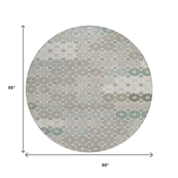 8' Taupe Teal Blue And Ivory Round Floral Washable Indoor Outdoor Area Rug