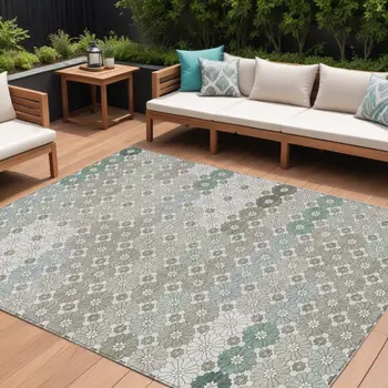 9' X 12' Taupe Teal Blue And Ivory Floral Washable Indoor Outdoor Area Rug