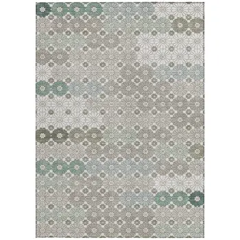 10' X 14' Taupe Teal Blue And Ivory Floral Washable Indoor Outdoor Area Rug
