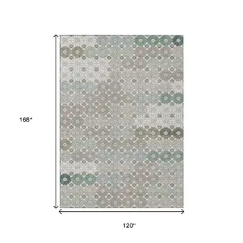 10' X 14' Taupe Teal Blue And Ivory Floral Washable Indoor Outdoor Area Rug