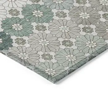 10' X 14' Taupe Teal Blue And Ivory Floral Washable Indoor Outdoor Area Rug