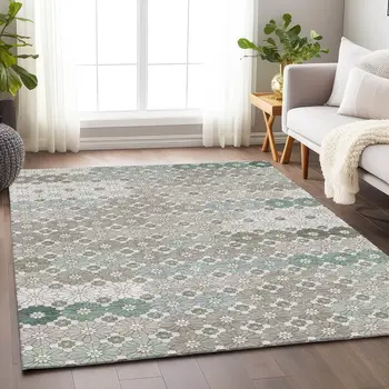 10' X 14' Taupe Teal Blue And Ivory Floral Washable Indoor Outdoor Area Rug