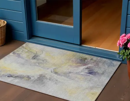 3' X 5' Gold Gray And Purple Floral Washable Indoor Outdoor Area Rug