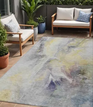 5' X 8' Gold Gray And Purple Abstract Washable Indoor Outdoor Area Rug