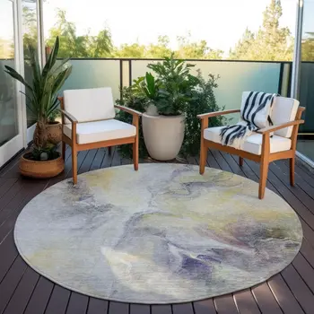 8' Gold Gray And Purple Round Abstract Washable Indoor Outdoor Area Rug