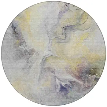 8' Gold Gray And Purple Round Abstract Washable Indoor Outdoor Area Rug
