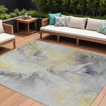 10' X 14' Gold Gray And Purple Abstract Washable Indoor Outdoor Area Rug