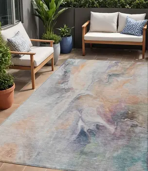 5' X 8' Linen Gray And Purple Abstract Washable Indoor Outdoor Area Rug