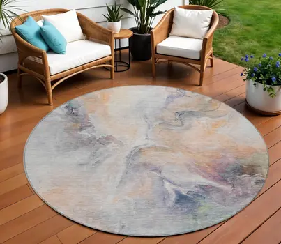 8' Linen Gray And Purple Round Abstract Washable Indoor Outdoor Area Rug