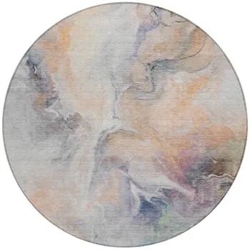 8' Linen Gray And Purple Round Abstract Washable Indoor Outdoor Area Rug