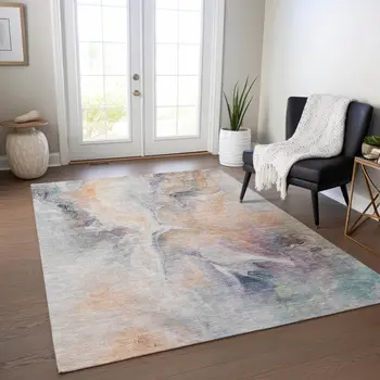 9' X 12' Linen Gray And Purple Abstract Washable Indoor Outdoor Area Rug