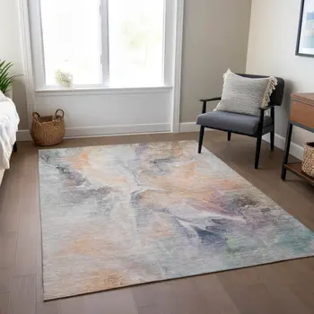 10' X 14' Linen Gray And Purple Abstract Washable Indoor Outdoor Area Rug