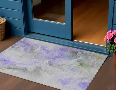 3' X 5' Lavender Gray And Green Abstract Washable Indoor Outdoor Area Rug