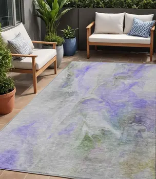 5' X 8' Lavender Gray And Green Abstract Washable Indoor Outdoor Area Rug