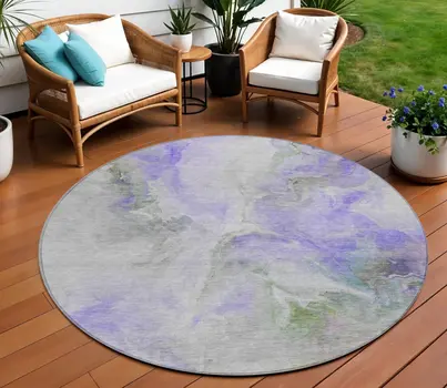 8' Lavender Gray And Green Round Abstract Washable Indoor Outdoor Area Rug