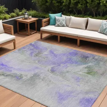 9' X 12' Lavender Gray And Green Abstract Washable Indoor Outdoor Area Rug