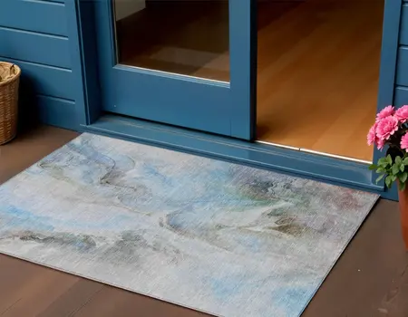 3' X 5' Sky Blue Gray And Ivory Abstract Washable Indoor Outdoor Area Rug