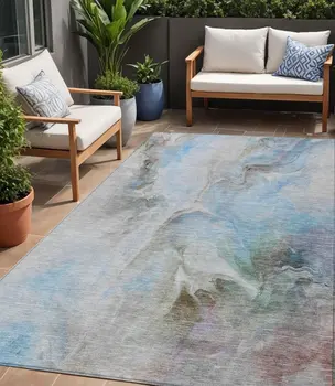 5' X 8' Sky Blue Gray And Ivory Abstract Washable Indoor Outdoor Area Rug