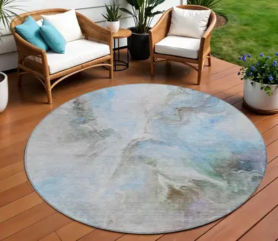 8' Sky Blue Gray And Ivory Round Abstract Washable Indoor Outdoor Area Rug