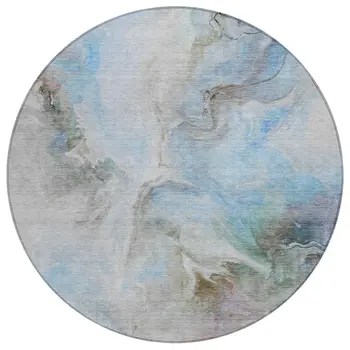 8' Sky Blue Gray And Ivory Round Abstract Washable Indoor Outdoor Area Rug