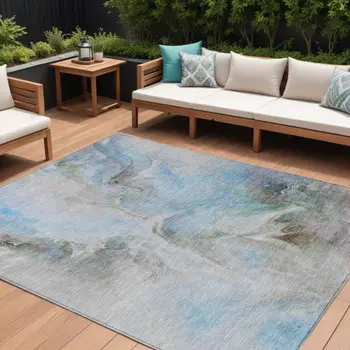 9' X 12' Sky Blue Gray And Ivory Abstract Washable Indoor Outdoor Area Rug