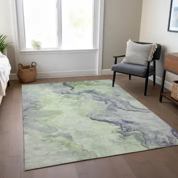 3' X 5' Artichoke Green And Lavender Abstract Washable Indoor Outdoor Area Rug