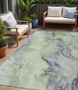5' X 8' Artichoke Green And Lavender Abstract Washable Indoor Outdoor Area Rug