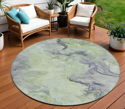 8' Artichoke Green And Lavender Round Abstract Washable Indoor Outdoor Area Rug