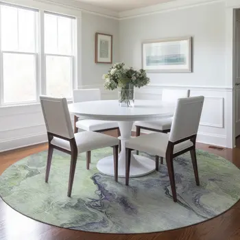 8' Artichoke Green And Lavender Round Abstract Washable Indoor Outdoor Area Rug