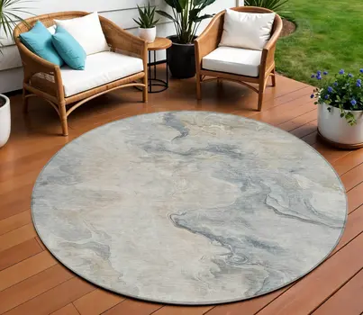 8' Beige Khaki And Gray Round Abstract Washable Indoor Outdoor Area Rug
