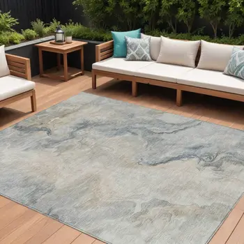 10' X 14' Beige Khaki And Gray Abstract Washable Indoor Outdoor Area Rug