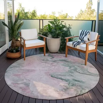 8' Blush And Sage Round Abstract Washable Indoor Outdoor Area Rug