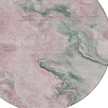 8' Blush And Sage Round Abstract Washable Indoor Outdoor Area Rug