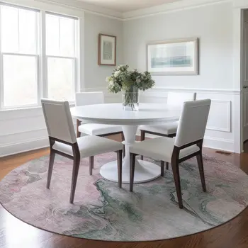 8' Blush And Sage Round Abstract Washable Indoor Outdoor Area Rug