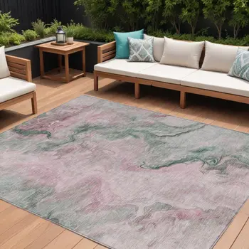 10' X 14' Blush And Sage Abstract Washable Indoor Outdoor Area Rug