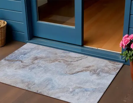 3' X 5' Blue Sky Blue And Taupe Abstract Washable Indoor Outdoor Area Rug