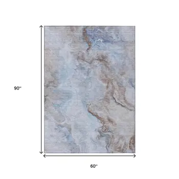 5' X 8' Blue Sky Blue And Taupe Abstract Washable Indoor Outdoor Area Rug