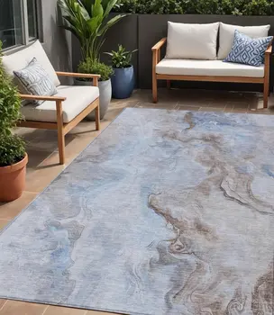 5' X 8' Blue Sky Blue And Taupe Abstract Washable Indoor Outdoor Area Rug