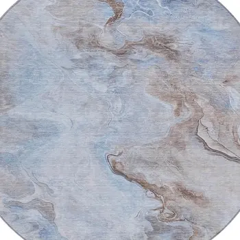 8' Blue Sky Blue And Taupe Round Abstract Washable Indoor Outdoor Area Rug