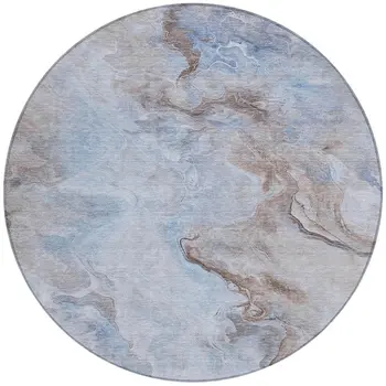 8' Blue Sky Blue And Taupe Round Abstract Washable Indoor Outdoor Area Rug