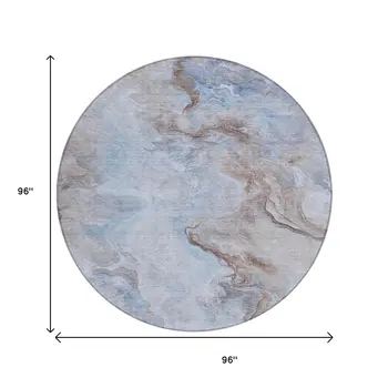 8' Blue Sky Blue And Taupe Round Abstract Washable Indoor Outdoor Area Rug