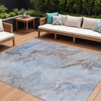 10' X 14' Blue Sky Blue And Taupe Abstract Washable Indoor Outdoor Area Rug