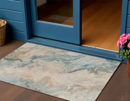 3' X 5' Teal Blue Coral And Ivory Abstract Washable Indoor Outdoor Area Rug