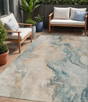 5' X 8' Teal Blue Coral And Ivory Abstract Washable Indoor Outdoor Area Rug